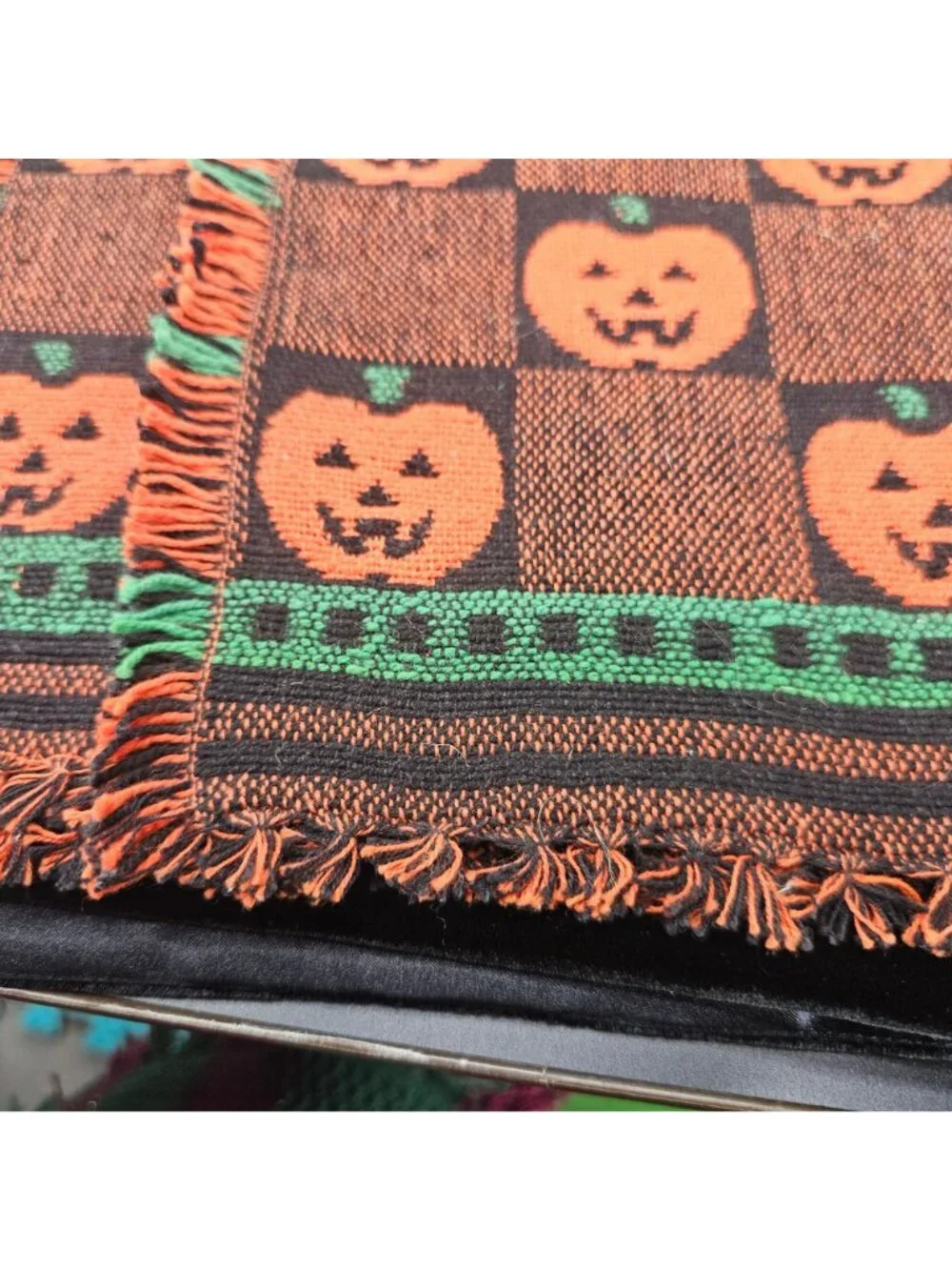 Vintage Halloween Woven Pumpkin Placemat Set Of 4 With Fringe - Black & Orange J